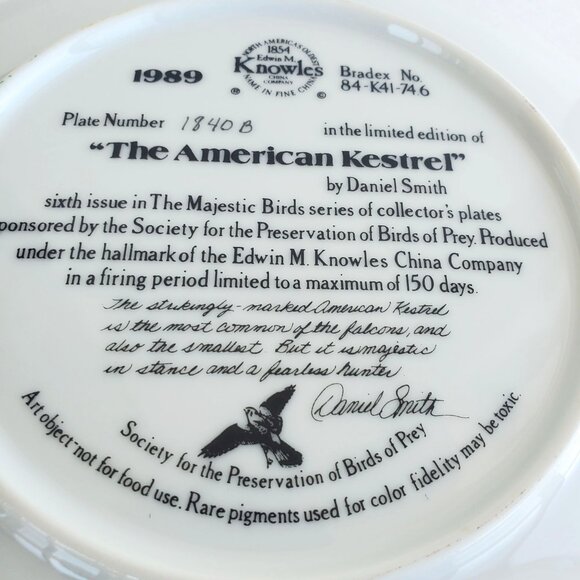 Hawk Plate Collectible 1989 Knowles American Kestrel By Daniel Smith 84-K41-74.6 - Picture 7 of 7
